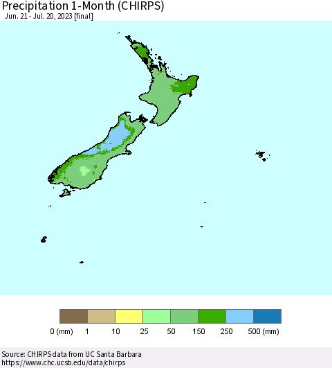 New Zealand Precipitation 1-Month (CHIRPS) Thematic Map For 6/21/2023 - 7/20/2023