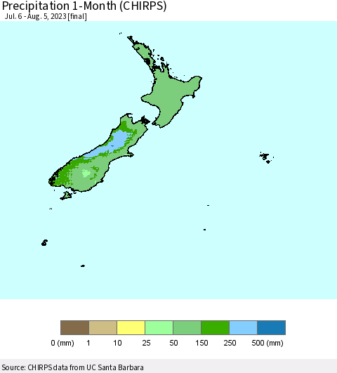 New Zealand Precipitation 1-Month (CHIRPS) Thematic Map For 7/6/2023 - 8/5/2023