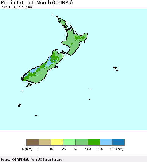 New Zealand Precipitation 1-Month (CHIRPS) Thematic Map For 9/1/2023 - 9/30/2023
