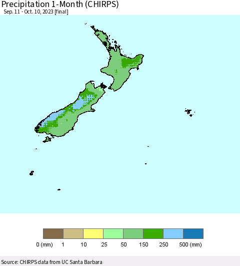 New Zealand Precipitation 1-Month (CHIRPS) Thematic Map For 9/11/2023 - 10/10/2023