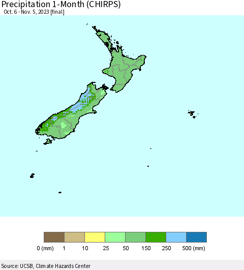New Zealand Precipitation 1-Month (CHIRPS) Thematic Map For 10/6/2023 - 11/5/2023