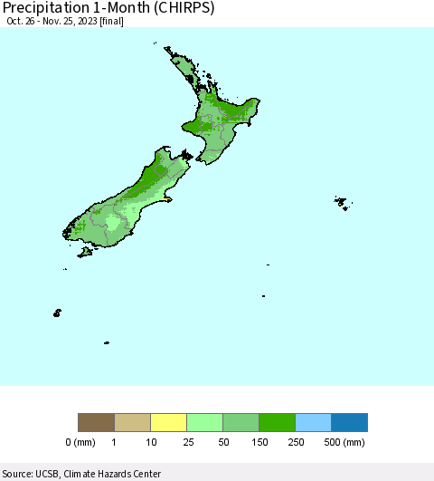 New Zealand Precipitation 1-Month (CHIRPS) Thematic Map For 10/26/2023 - 11/25/2023