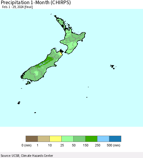 New Zealand Precipitation 1-Month (CHIRPS) Thematic Map For 2/1/2024 - 2/29/2024