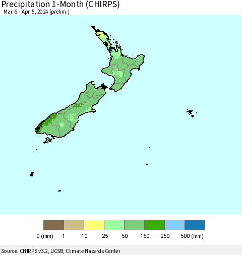 New Zealand Precipitation 1-Month (CHIRPS) Thematic Map For 3/6/2024 - 4/5/2024