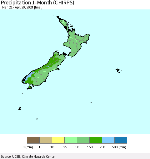 New Zealand Precipitation 1-Month (CHIRPS) Thematic Map For 3/21/2024 - 4/20/2024