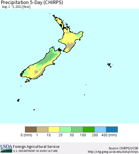 New Zealand Precipitation 5-Day (CHIRPS) Thematic Map For 8/1/2021 - 8/5/2021
