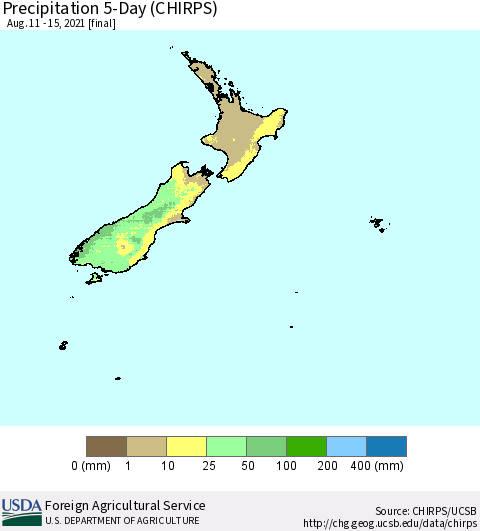 New Zealand Precipitation 5-Day (CHIRPS) Thematic Map For 8/11/2021 - 8/15/2021