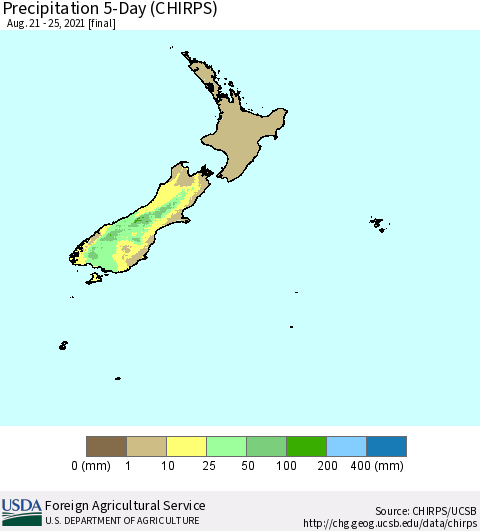 New Zealand Precipitation 5-Day (CHIRPS) Thematic Map For 8/21/2021 - 8/25/2021