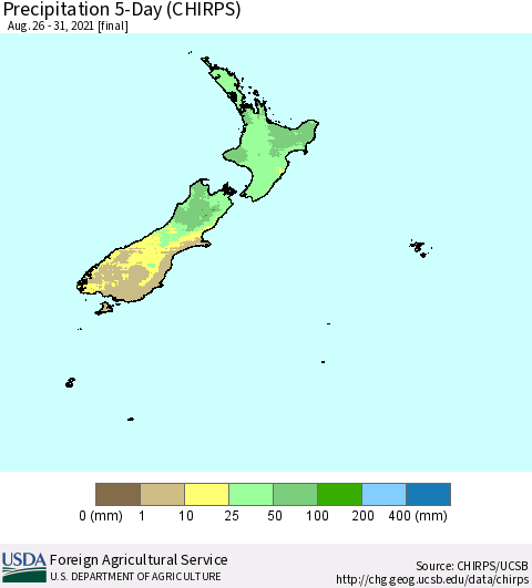 New Zealand Precipitation 5-Day (CHIRPS) Thematic Map For 8/26/2021 - 8/31/2021