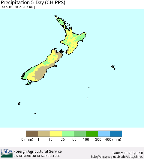 New Zealand Precipitation 5-Day (CHIRPS) Thematic Map For 9/16/2021 - 9/20/2021