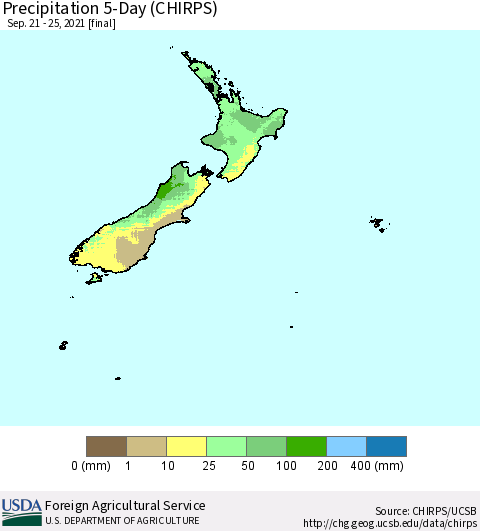 New Zealand Precipitation 5-Day (CHIRPS) Thematic Map For 9/21/2021 - 9/25/2021