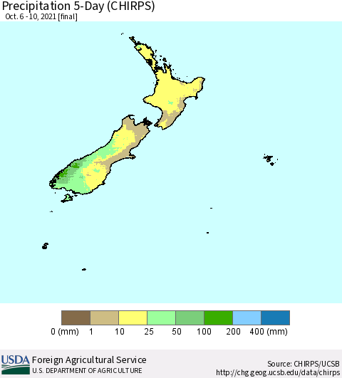 New Zealand Precipitation 5-Day (CHIRPS) Thematic Map For 10/6/2021 - 10/10/2021