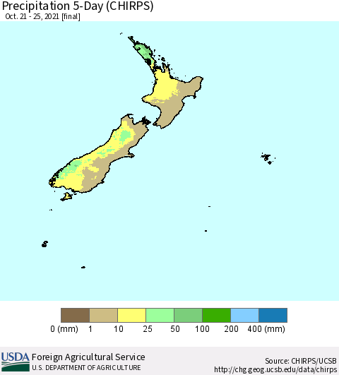 New Zealand Precipitation 5-Day (CHIRPS) Thematic Map For 10/21/2021 - 10/25/2021