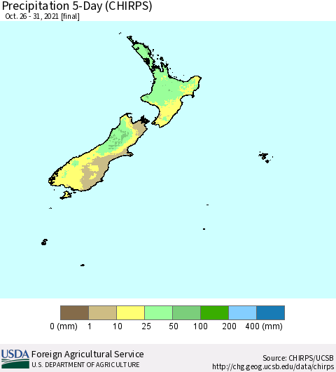 New Zealand Precipitation 5-Day (CHIRPS) Thematic Map For 10/26/2021 - 10/31/2021