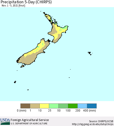 New Zealand Precipitation 5-Day (CHIRPS) Thematic Map For 11/1/2021 - 11/5/2021