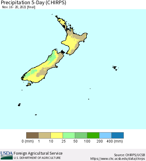 New Zealand Precipitation 5-Day (CHIRPS) Thematic Map For 11/16/2021 - 11/20/2021