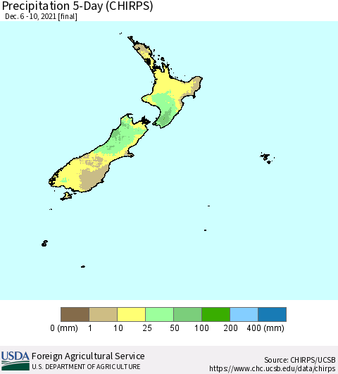 New Zealand Precipitation 5-Day (CHIRPS) Thematic Map For 12/6/2021 - 12/10/2021