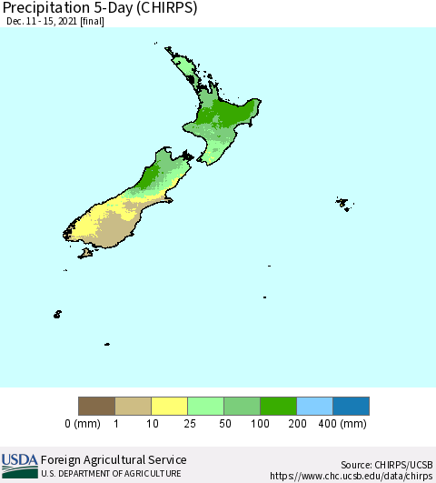 New Zealand Precipitation 5-Day (CHIRPS) Thematic Map For 12/11/2021 - 12/15/2021