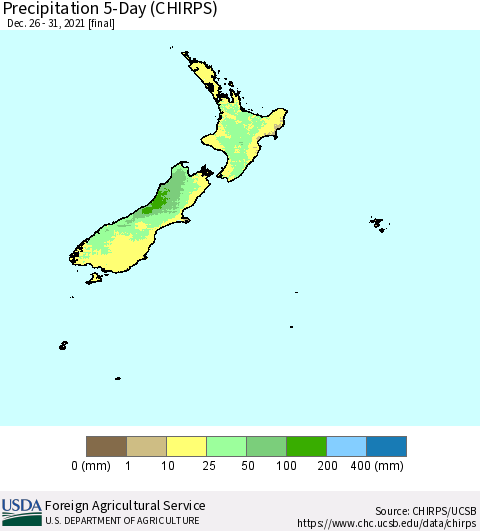 New Zealand Precipitation 5-Day (CHIRPS) Thematic Map For 12/26/2021 - 12/31/2021