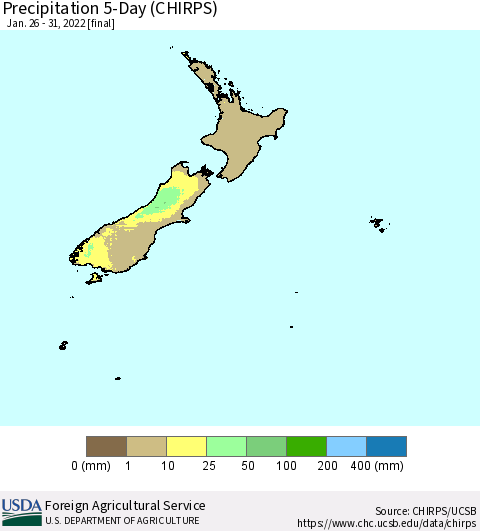 New Zealand Precipitation 5-Day (CHIRPS) Thematic Map For 1/26/2022 - 1/31/2022