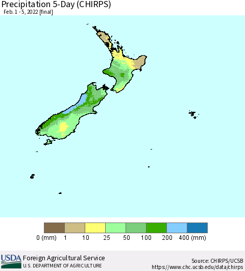 New Zealand Precipitation 5-Day (CHIRPS) Thematic Map For 2/1/2022 - 2/5/2022