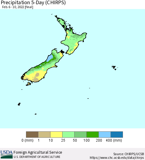 New Zealand Precipitation 5-Day (CHIRPS) Thematic Map For 2/6/2022 - 2/10/2022