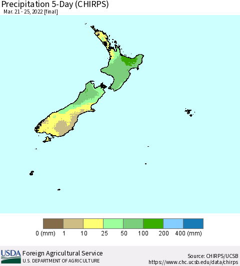 New Zealand Precipitation 5-Day (CHIRPS) Thematic Map For 3/21/2022 - 3/25/2022