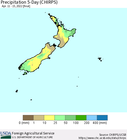 New Zealand Precipitation 5-Day (CHIRPS) Thematic Map For 4/11/2022 - 4/15/2022