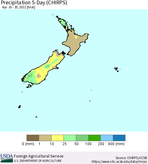 New Zealand Precipitation 5-Day (CHIRPS) Thematic Map For 4/16/2022 - 4/20/2022