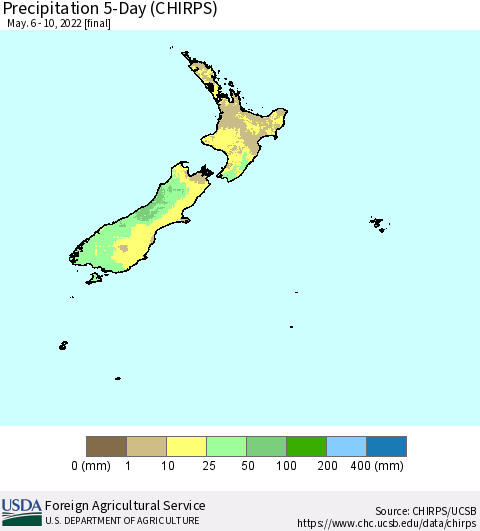 New Zealand Precipitation 5-Day (CHIRPS) Thematic Map For 5/6/2022 - 5/10/2022
