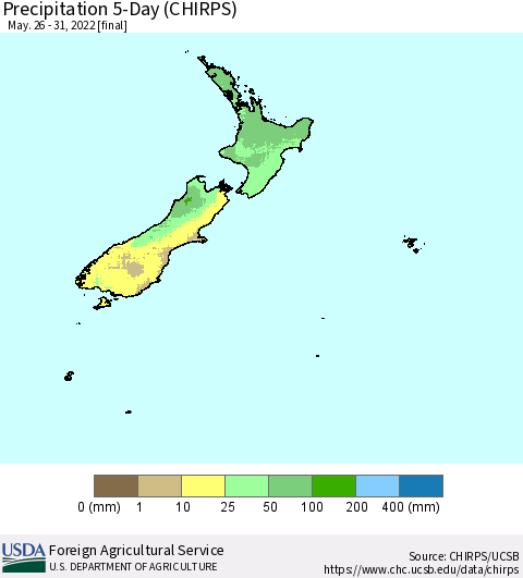 New Zealand Precipitation 5-Day (CHIRPS) Thematic Map For 5/26/2022 - 5/31/2022