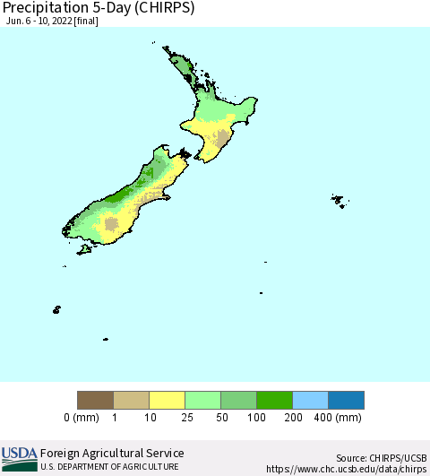 New Zealand Precipitation 5-Day (CHIRPS) Thematic Map For 6/6/2022 - 6/10/2022