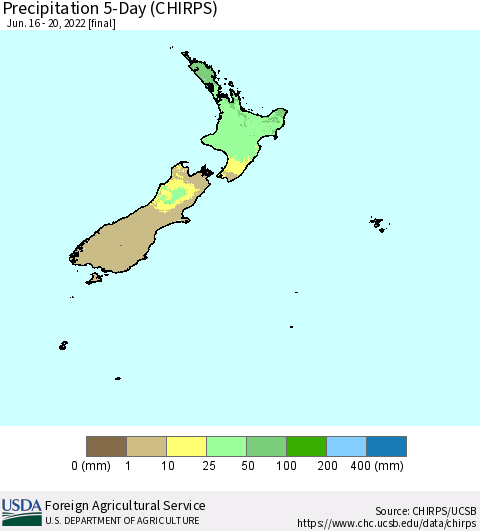 New Zealand Precipitation 5-Day (CHIRPS) Thematic Map For 6/16/2022 - 6/20/2022