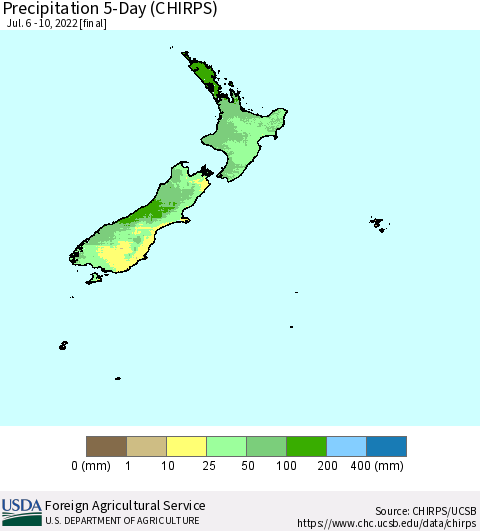 New Zealand Precipitation 5-Day (CHIRPS) Thematic Map For 7/6/2022 - 7/10/2022