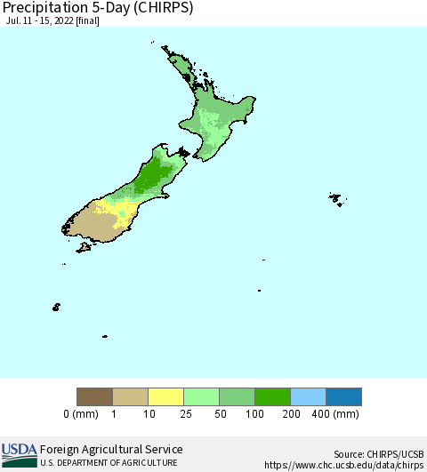 New Zealand Precipitation 5-Day (CHIRPS) Thematic Map For 7/11/2022 - 7/15/2022