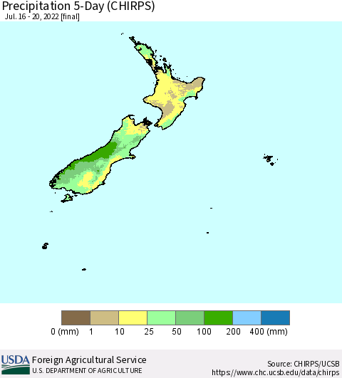 New Zealand Precipitation 5-Day (CHIRPS) Thematic Map For 7/16/2022 - 7/20/2022