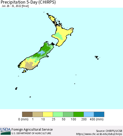 New Zealand Precipitation 5-Day (CHIRPS) Thematic Map For 7/26/2022 - 7/31/2022