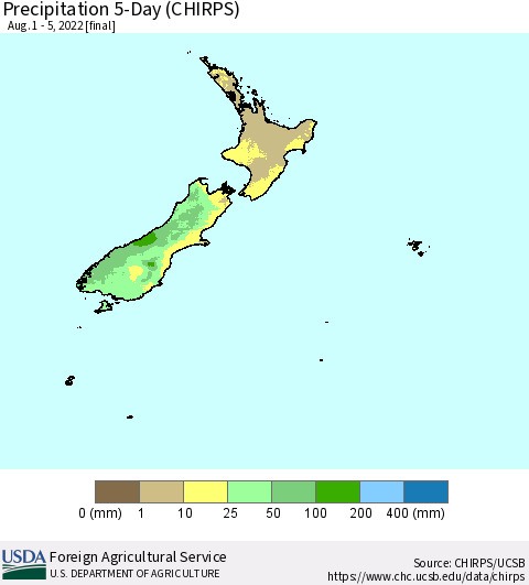 New Zealand Precipitation 5-Day (CHIRPS) Thematic Map For 8/1/2022 - 8/5/2022