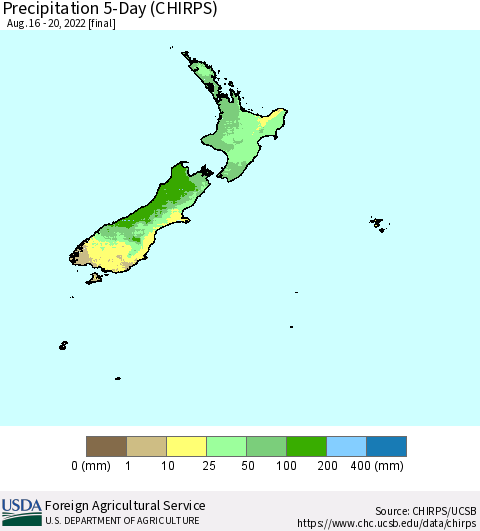 New Zealand Precipitation 5-Day (CHIRPS) Thematic Map For 8/16/2022 - 8/20/2022