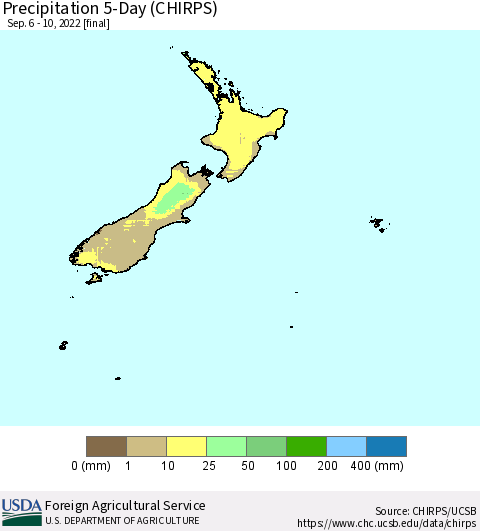New Zealand Precipitation 5-Day (CHIRPS) Thematic Map For 9/6/2022 - 9/10/2022