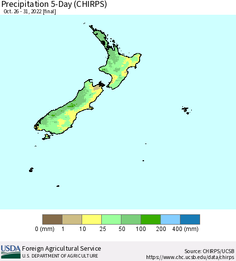 New Zealand Precipitation 5-Day (CHIRPS) Thematic Map For 10/26/2022 - 10/31/2022