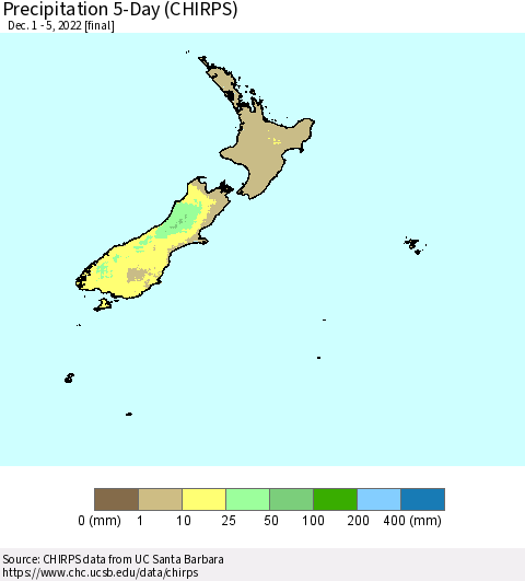 New Zealand Precipitation 5-Day (CHIRPS) Thematic Map For 12/1/2022 - 12/5/2022