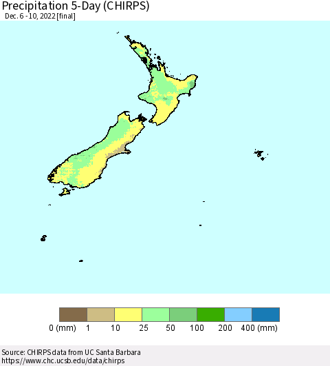 New Zealand Precipitation 5-Day (CHIRPS) Thematic Map For 12/6/2022 - 12/10/2022