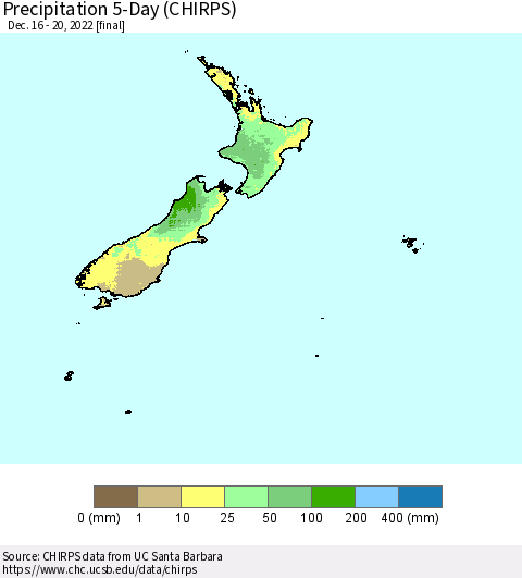 New Zealand Precipitation 5-Day (CHIRPS) Thematic Map For 12/16/2022 - 12/20/2022