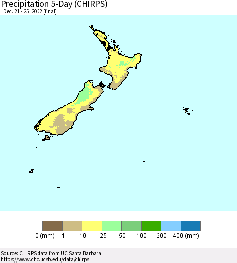 New Zealand Precipitation 5-Day (CHIRPS) Thematic Map For 12/21/2022 - 12/25/2022