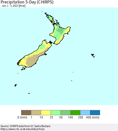 New Zealand Precipitation 5-Day (CHIRPS) Thematic Map For 1/1/2023 - 1/5/2023