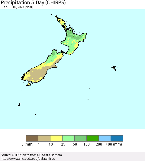 New Zealand Precipitation 5-Day (CHIRPS) Thematic Map For 1/6/2023 - 1/10/2023