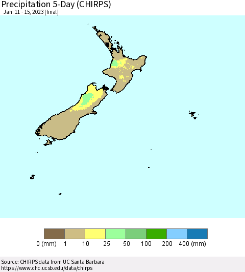 New Zealand Precipitation 5-Day (CHIRPS) Thematic Map For 1/11/2023 - 1/15/2023