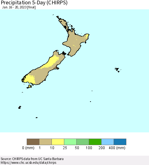 New Zealand Precipitation 5-Day (CHIRPS) Thematic Map For 1/16/2023 - 1/20/2023