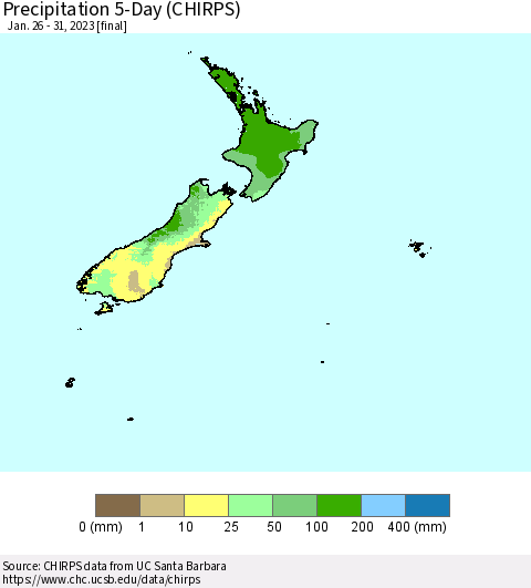 New Zealand Precipitation 5-Day (CHIRPS) Thematic Map For 1/26/2023 - 1/31/2023